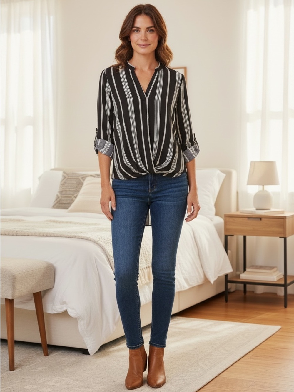 Ny Collection Striped Twist Front Top Black White M